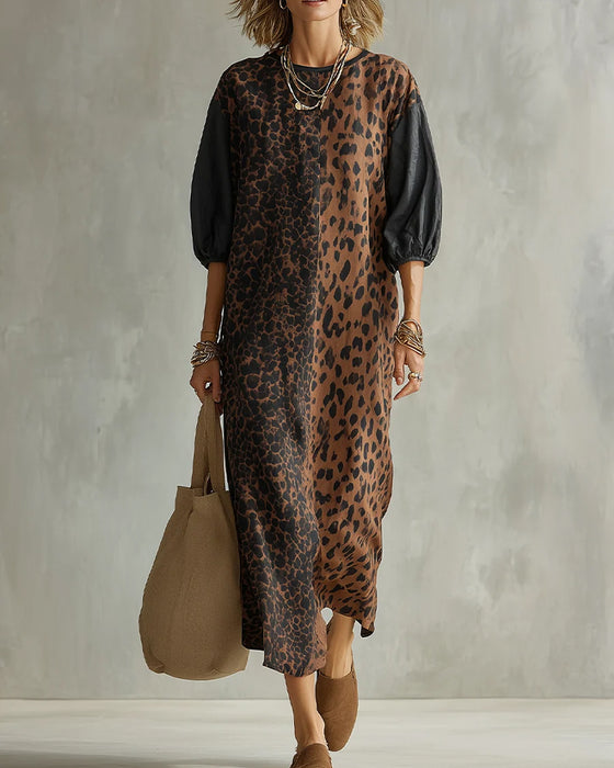 Leopard Print Colorblock Puff Sleeve Dress