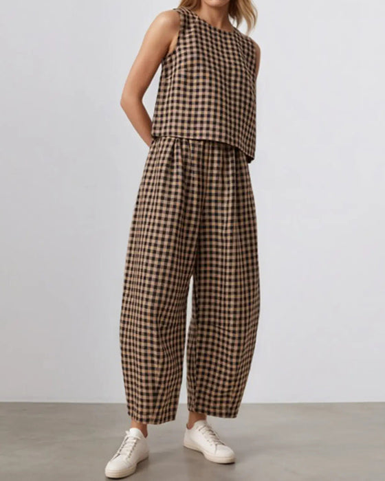 Round Neck Plaid Sleeveless Set