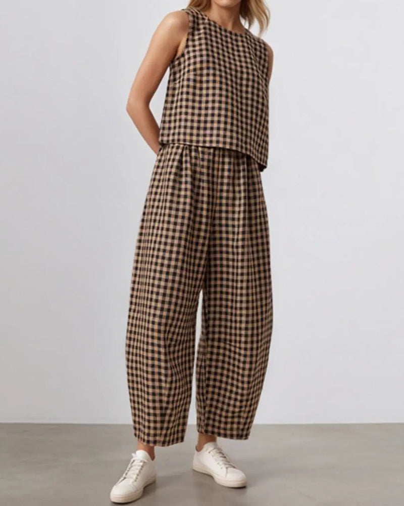 Round Neck Plaid Sleeveless Set
