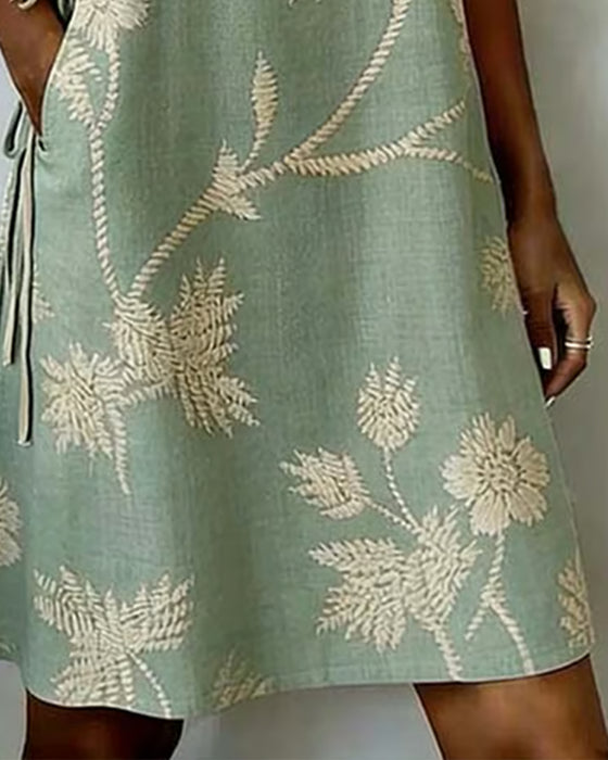 Diagonal Button Print V-Neck Midi Dress