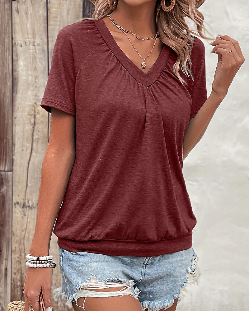 Casual Pleated V-Neck T-Shirt