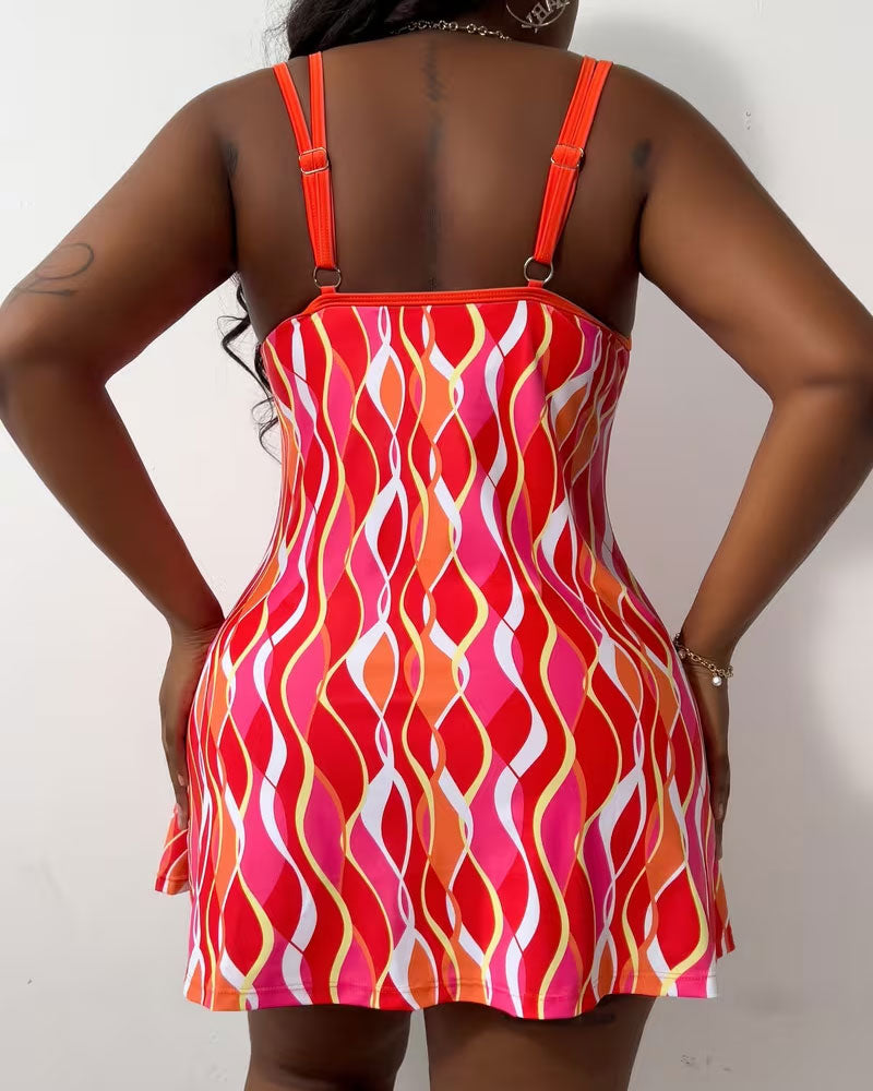 Wavy Striped Suspender A Swing Swim Dress