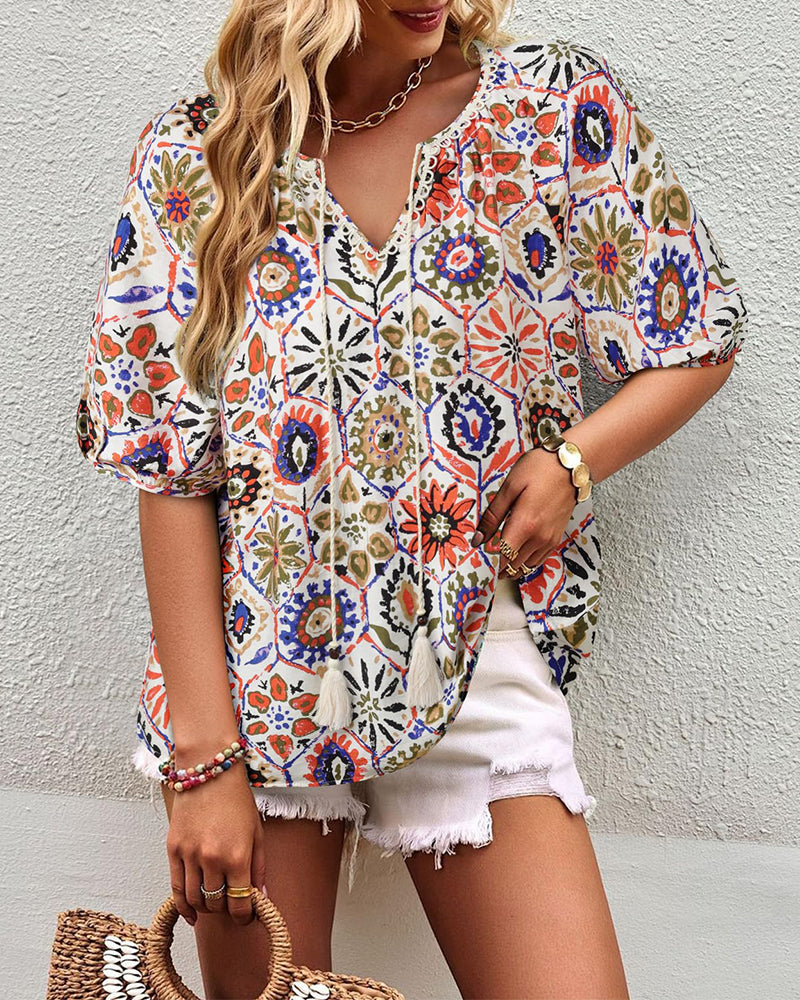 Bohemian Print Tassel Blouse