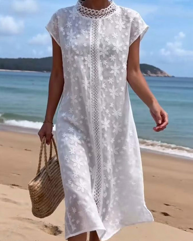 Hollow-Out Solid Color Printed Dress