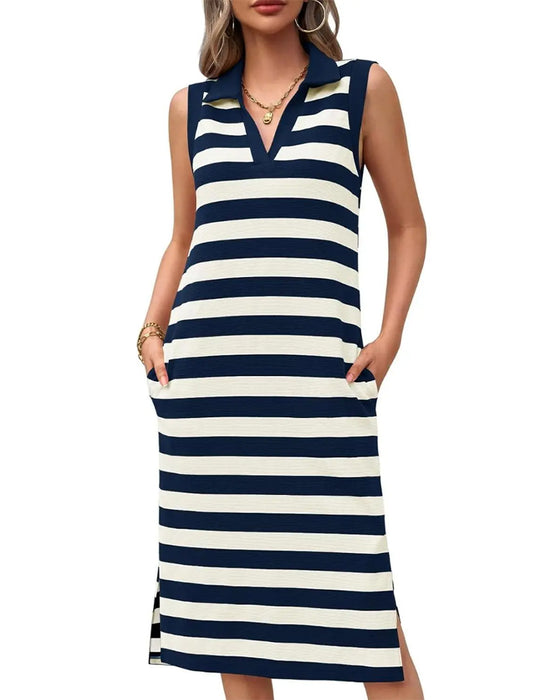 Stripe V-Neck Polo Collar Casual Dresses