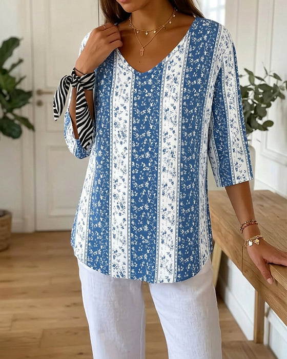 V-Neck Three-Quarter Sleeve Print Casual T-Shirts