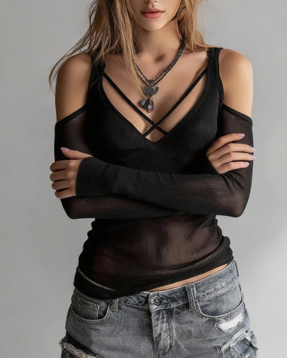 Crisscross V-Neck Off-Shoulder Blouse