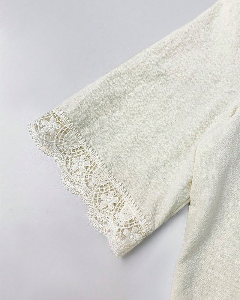V-Neck Lace Patchwork 3/4 Sleeve Blouse