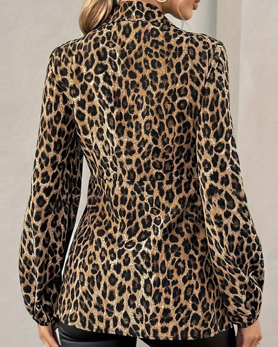 Leopard Print Lapel Bandage Waist Top