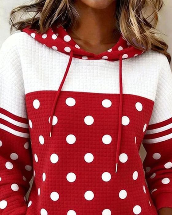 Polka Dot Color Block Drawstring Hoodie