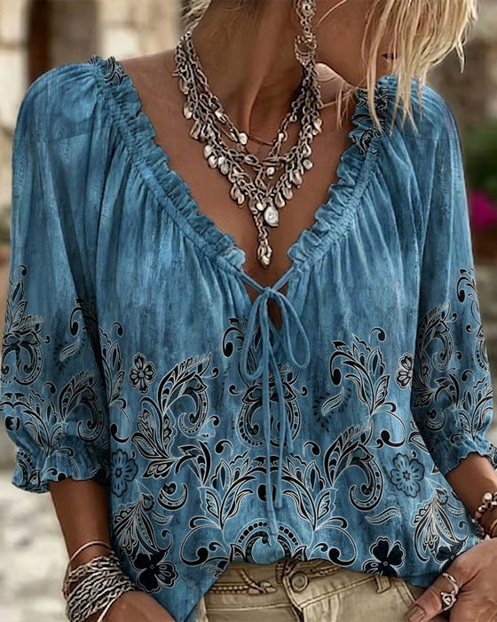 Bubble Three-Quarter Sleeve Tie Blouse