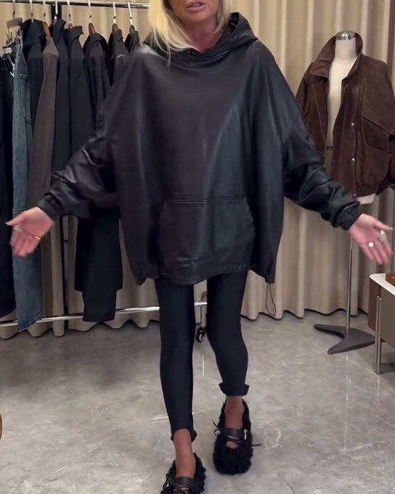 Pu Leather Loose Hoodie