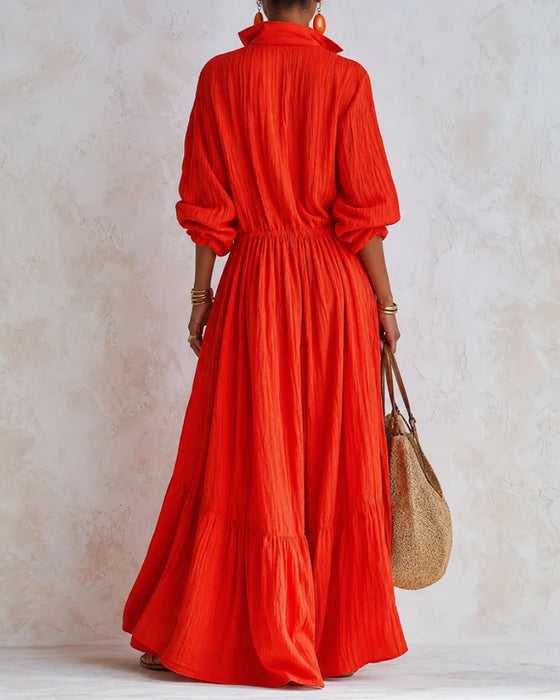 Lapel Fitted Waist Shirt Flared Long Dress