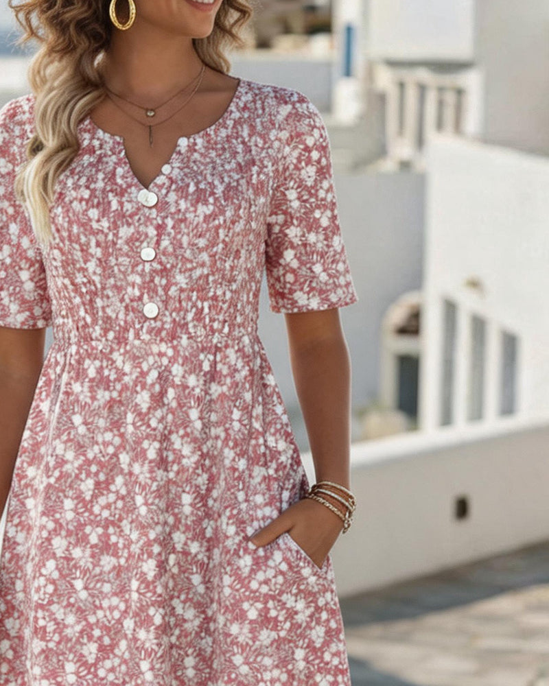 V-Neck Short-Sleeved Floral Dress