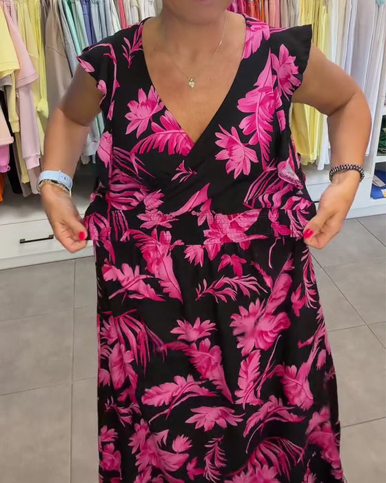 Tropical Floral V-Neck Fitted Waist Long Dress