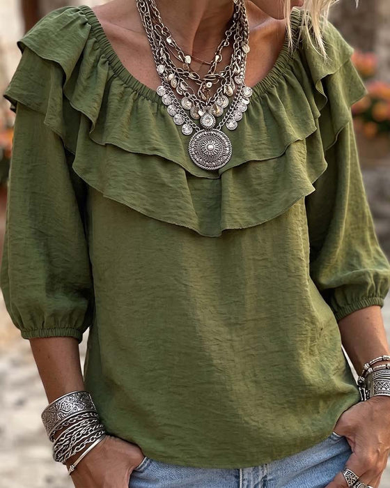 Double Layer Ruffle Three-Quarter Sleeve Blouse