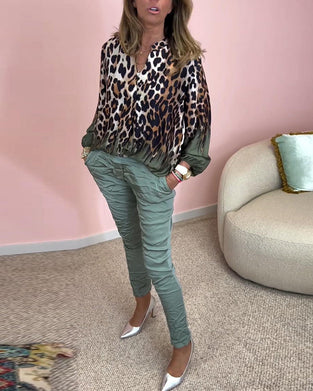 Leopard print long sleeve V-neck blouse