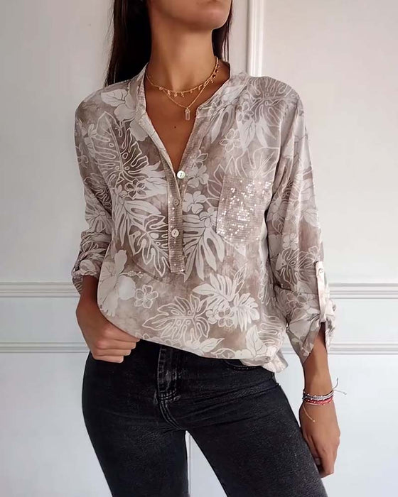 Patchwork sequined leaf print top