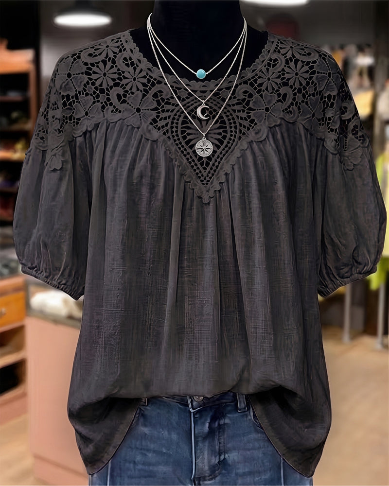 Puff Short Sleeve Lace Patchwork V-Neck Blouse