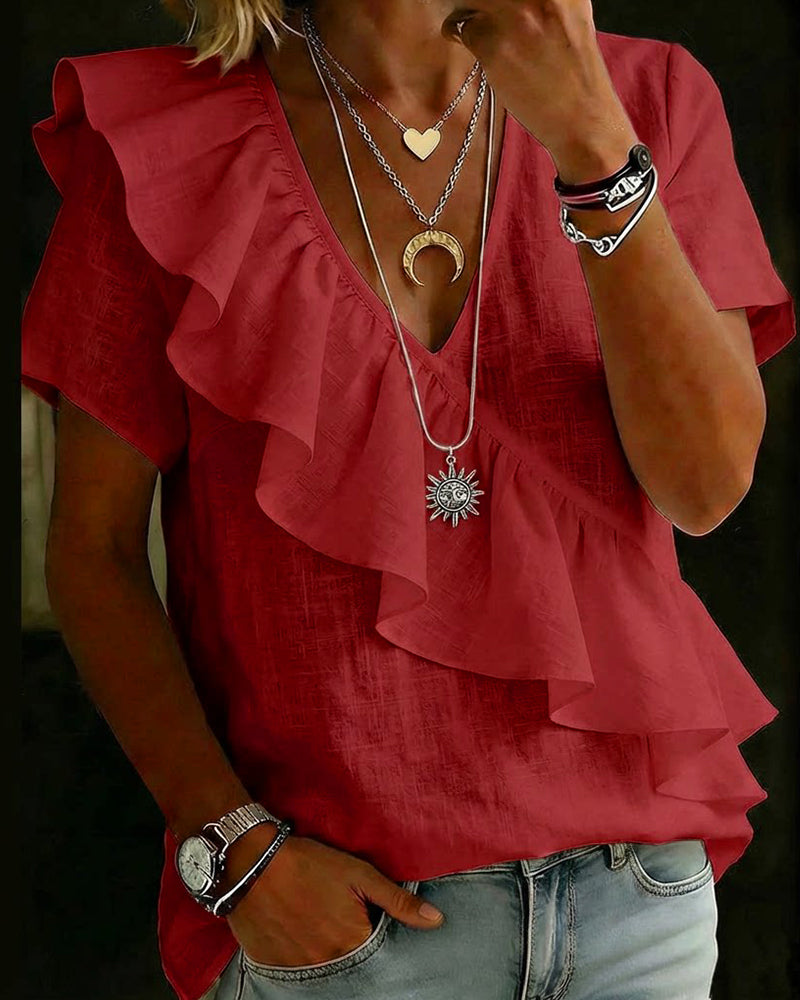 V-Neck Short-Sleeve Ruffled Blouse