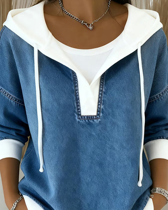 Lace-Up Denim Paneled Hooded Sweatshirt