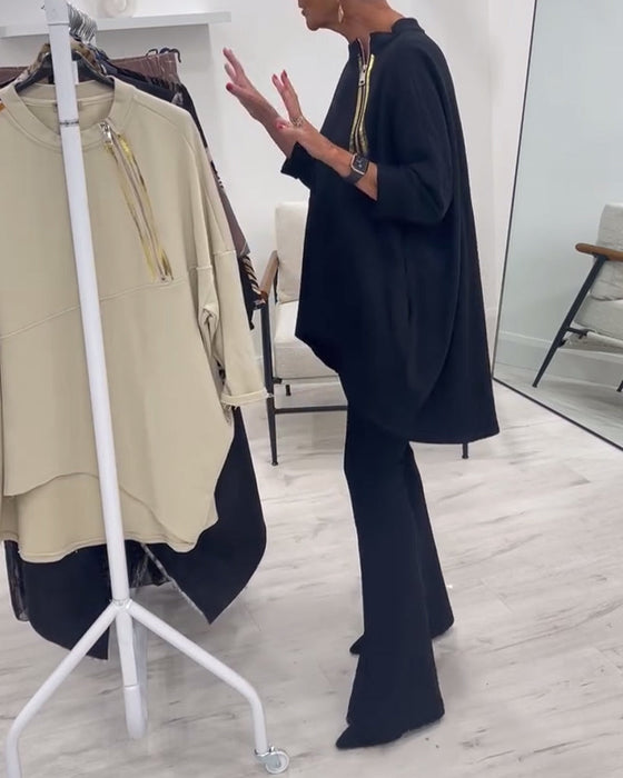 Side zipper pockets loose casual sweatshirt