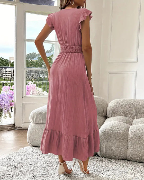 V-Neck Solid Color Waist Slim Dress