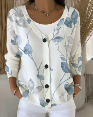 V-Neck Button Leaf Print Pullover