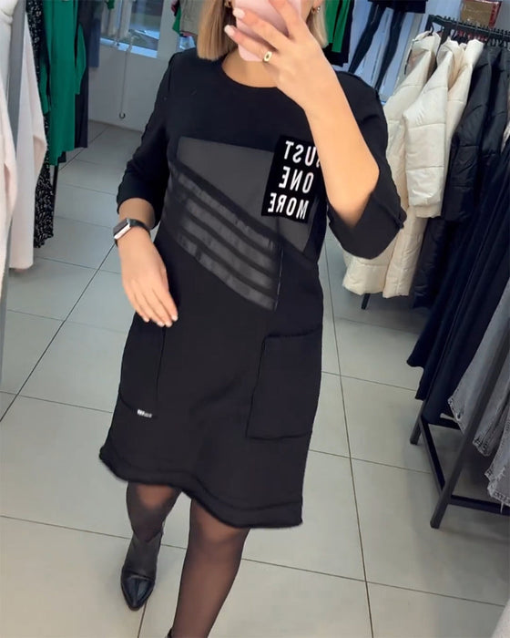 Pocket print Shift dress with Long Sleeve