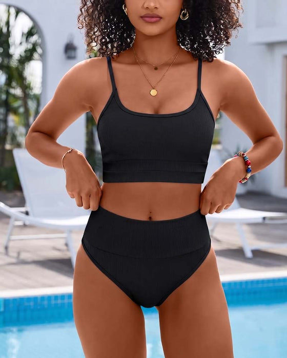 Solid U Neck High Waist Bikini