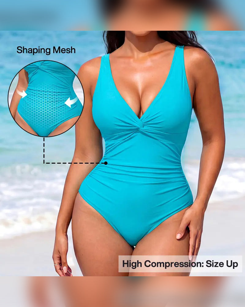 Front Twist Ruched Tummy Control One Piece Swimsuit