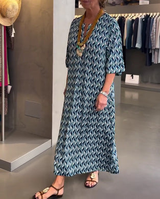 V-Neck Diamond Pattern Straight Relaxed Dress