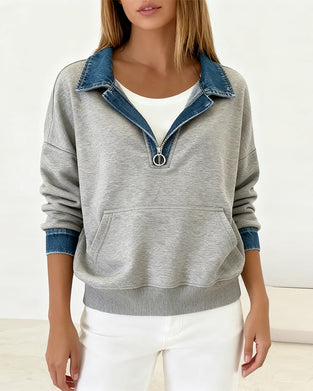 Lapel Contrast Color Stitching Sweatshirt