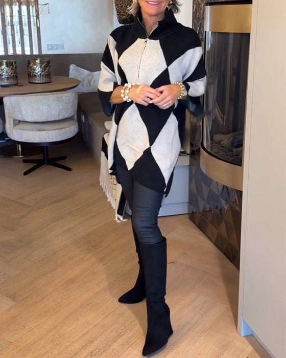 Stand-Up Collar Argyle Irregular Pullover