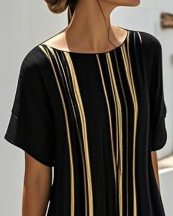 Round Neck Stripe Sheer Full Skirt Dress