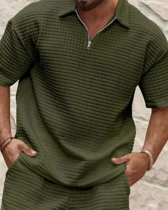 Polo Collar Zip Waffle Texture Shorts Set