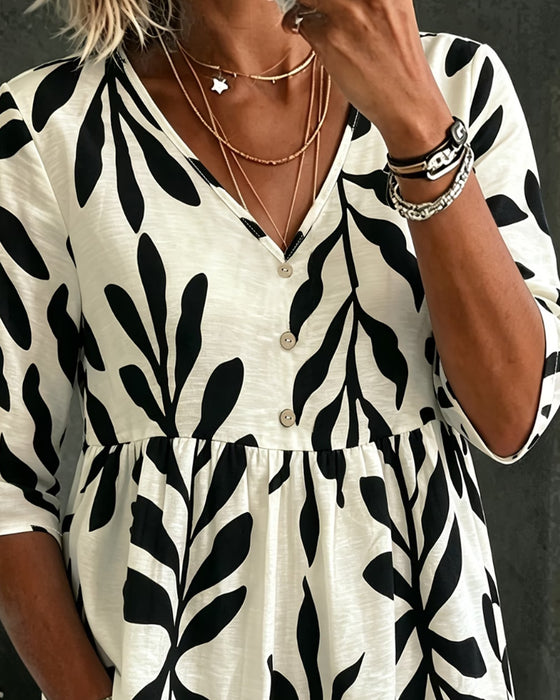 V-Neck Loose Print Short Sleeve Blouse