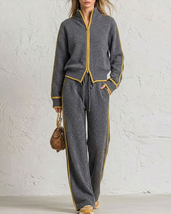 Contrast Zipper Knitted Two-Piece Suit