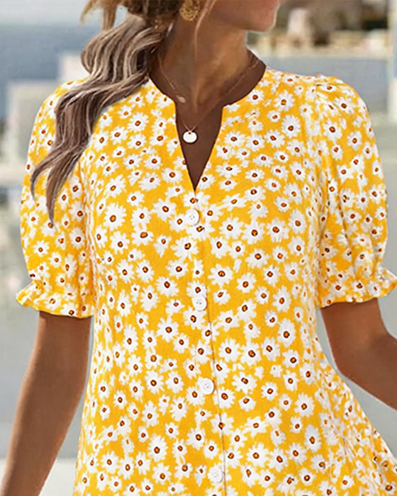 V-Neck Bubble Sleeve Daisy Dress