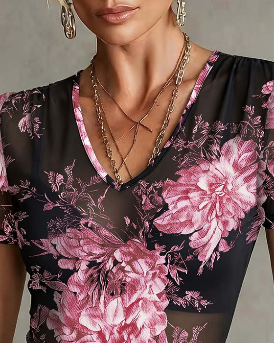 V-Neck Floral Short Sleeve T-Shirt