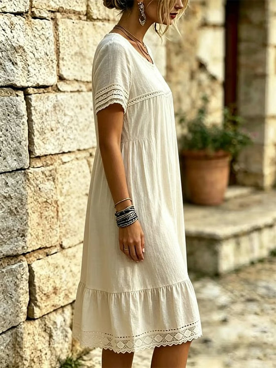 Lace Ruffle Round-Neck Short-Sleeve Dress