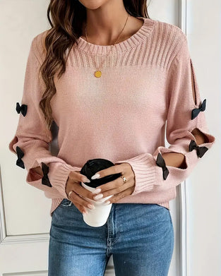 Bow-tie long-sleeved round neck pullover