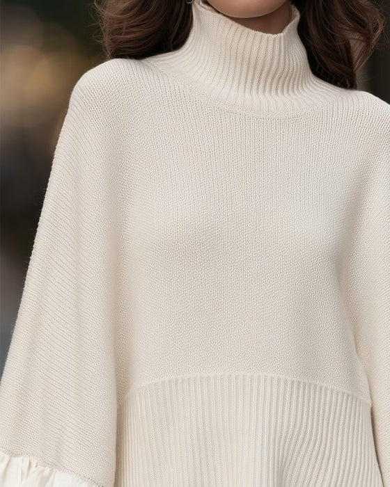 Turtleneck Patchwork Ruffled Sleeve Pullover