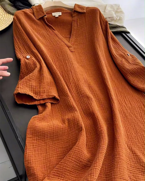 Lapel Solid Color Simple Long Sleeve Dress