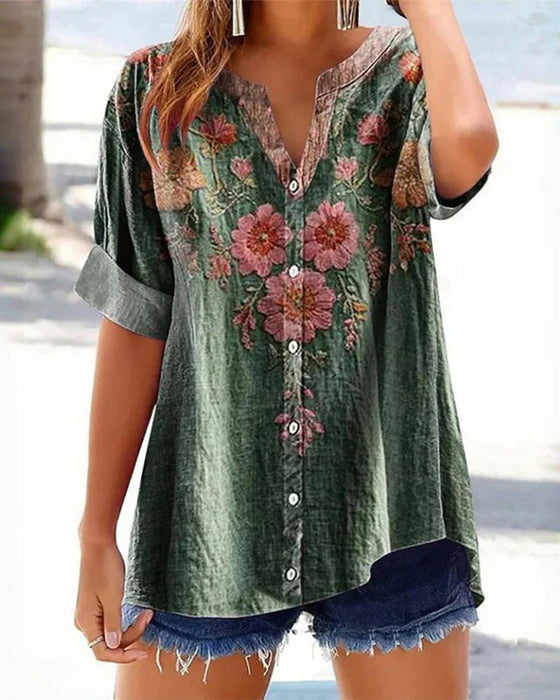 Fashion Printed V-Neck Blouse