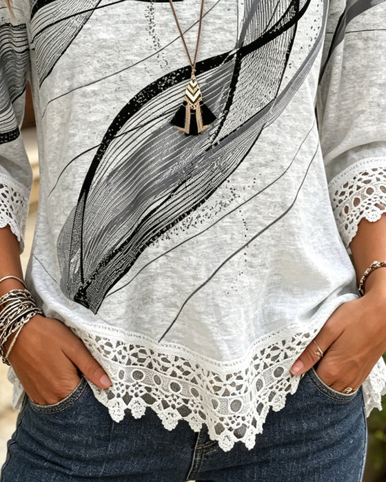Abstract Print Lace Hem T-Shirt