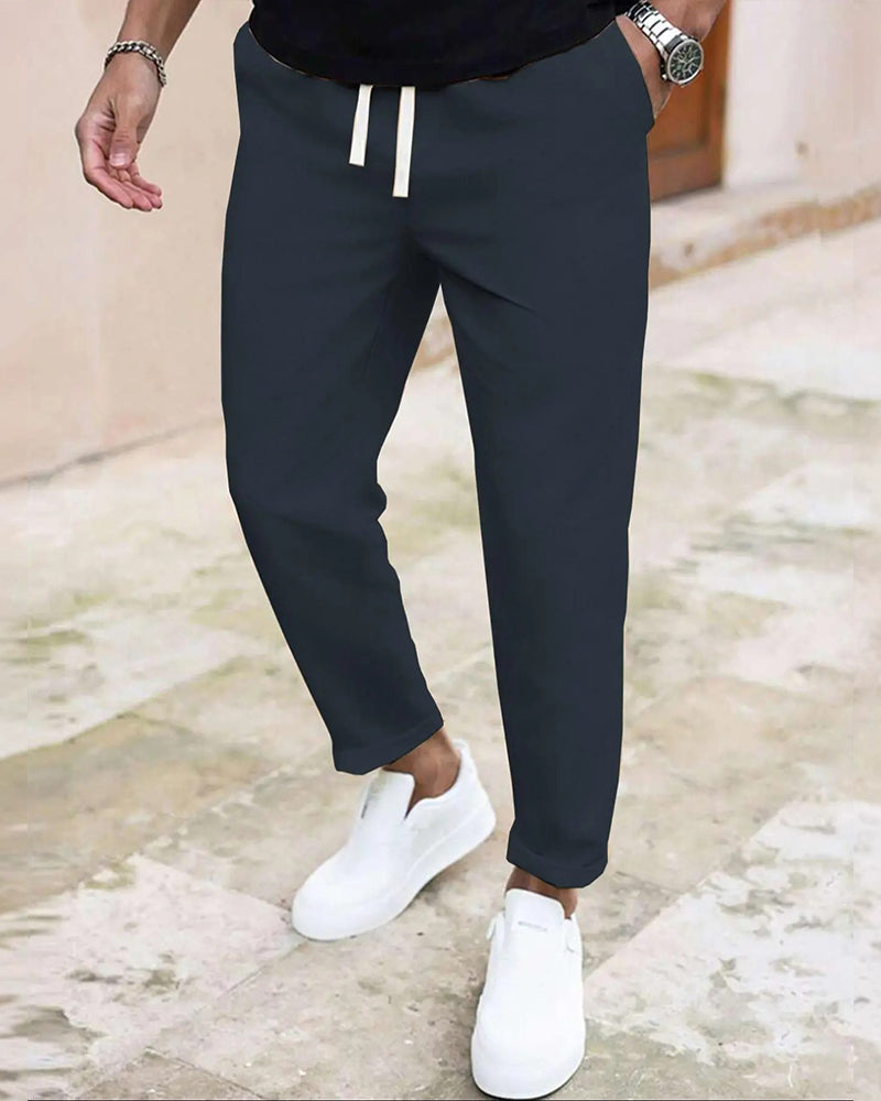 Men's Solid Drawstring Slim Fit Cropped Pant