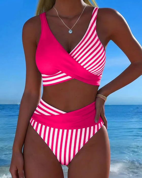 Crisscross Striped Print Bikini