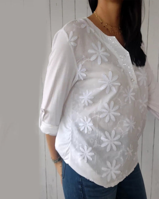 V-neck embroidered long-sleeved top