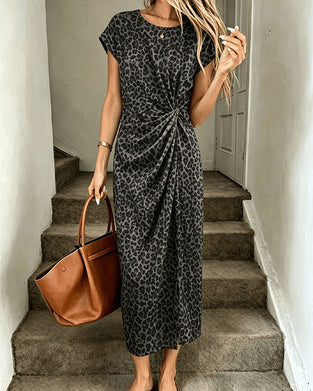 Crew Neck Twist Front Leopard Short Sleeve Long Dress